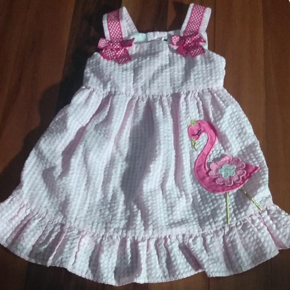 Counting Daisies 18 Months Pink Seersucker Baby Dress with Flamingo Applique